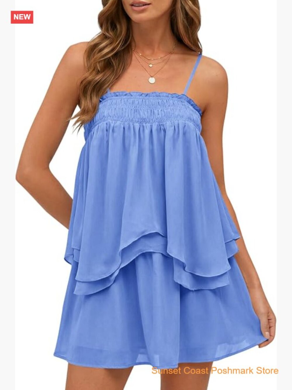 Square Neck Smocked Cami Top and Flowy Ruffled Mini Skirt Set for Beach Vacation